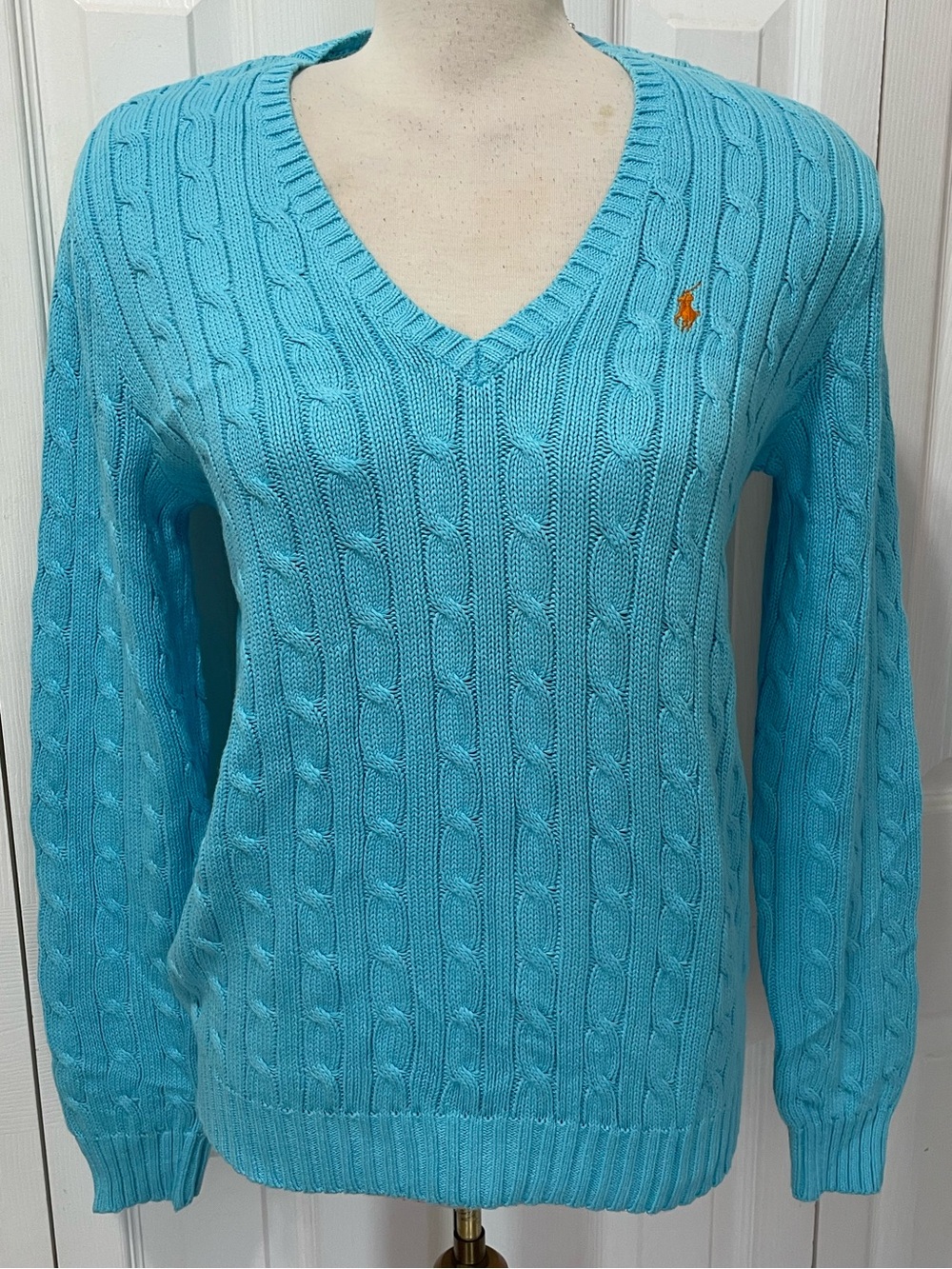 Ralph Lauren Aqua Cable Knit V-Neck Sweater with Orange Polo Logo